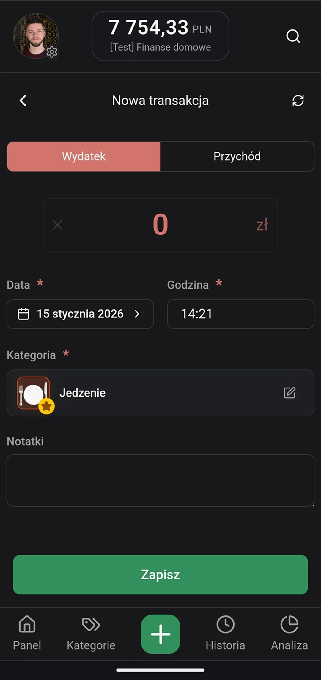 Formularz dodawania transakcji z datą, godziną i kategorią