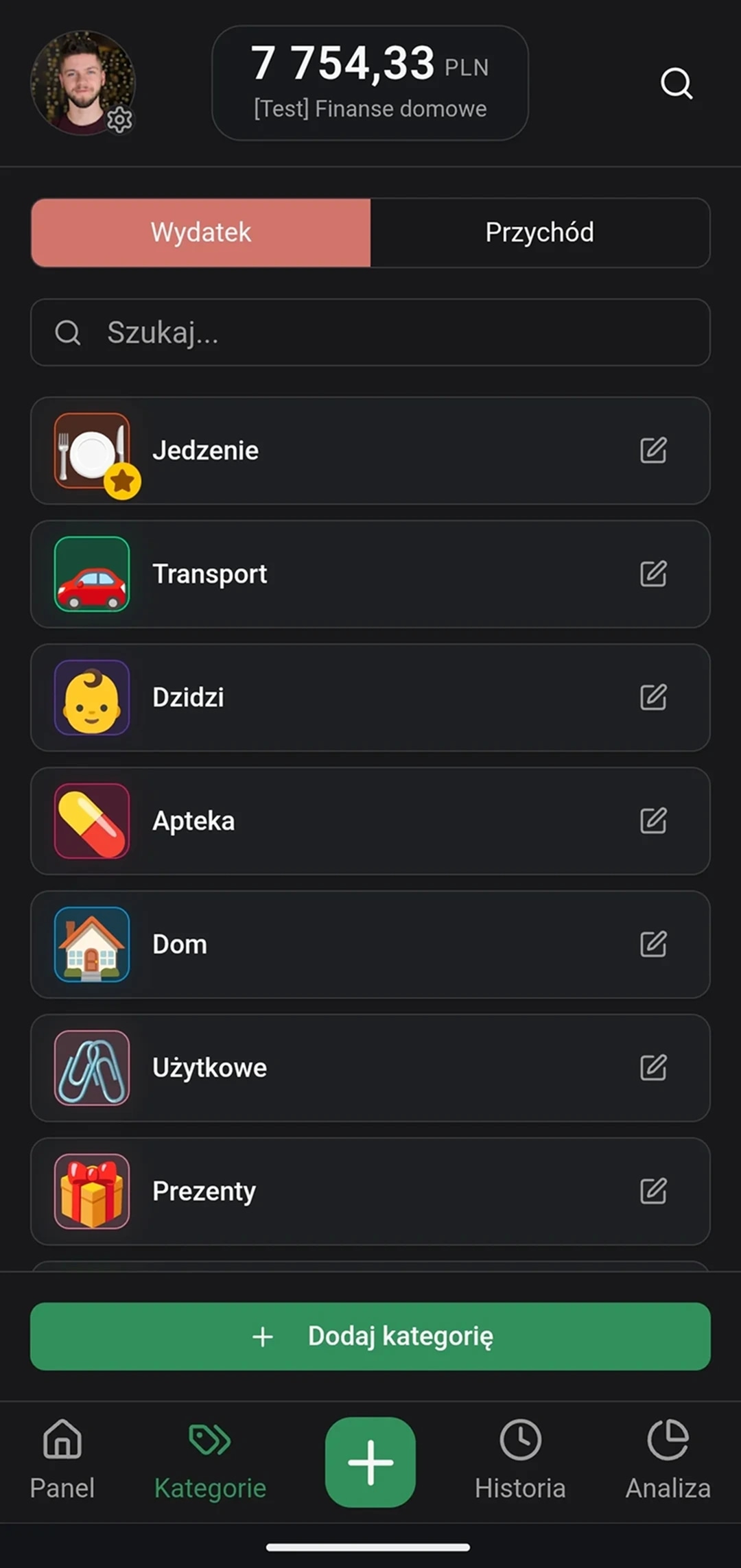 Lista kategorii z ikonami emoji i kolorami